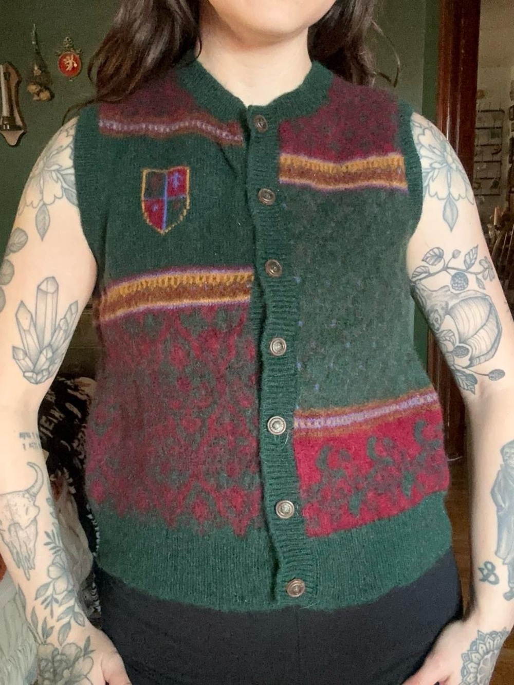 Green & Burgundy Wool Button-Up Vest